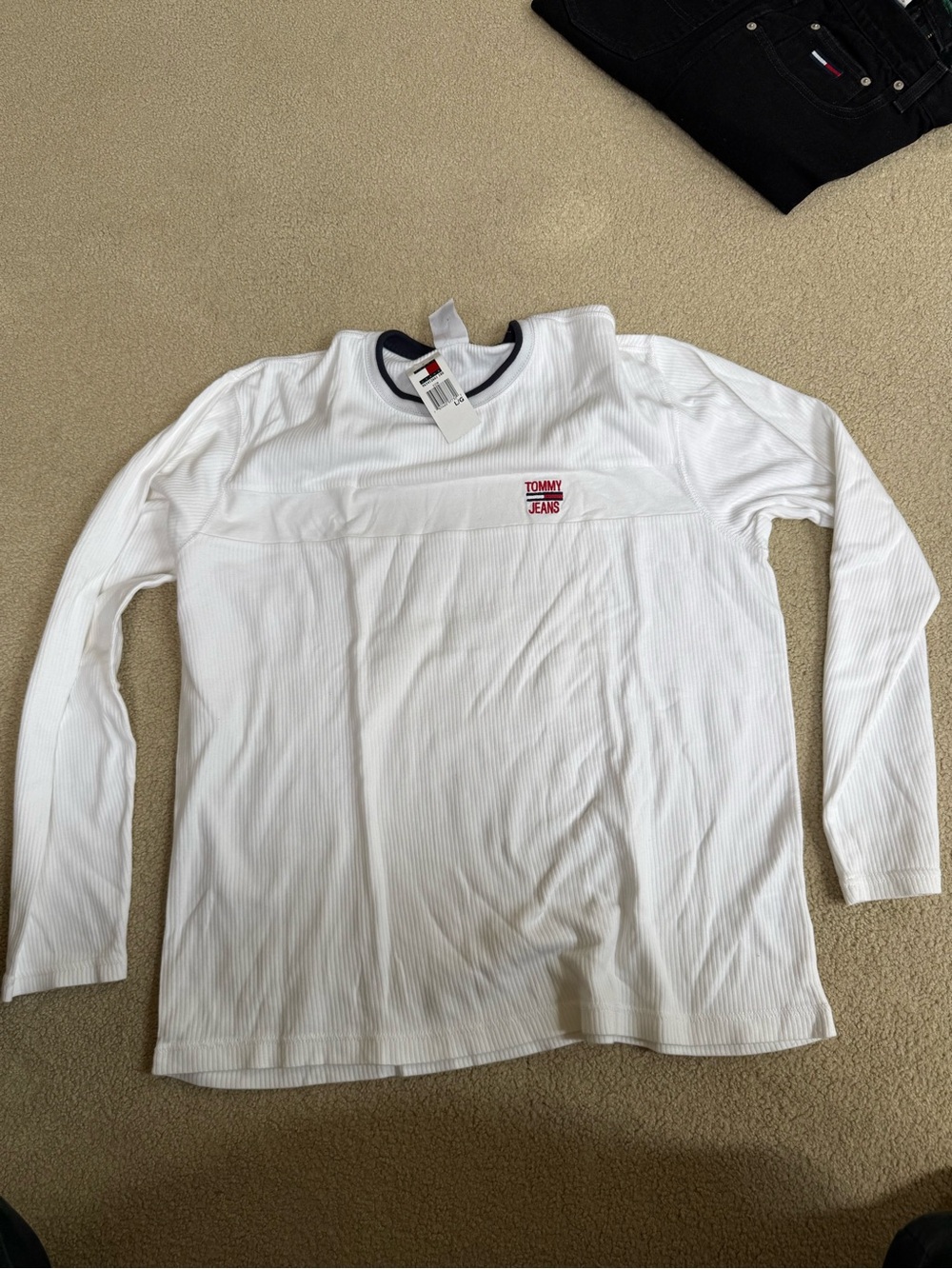 Tommy Hilfiger White Ribbed Long Sleeve with Navy Trim and Red Logo